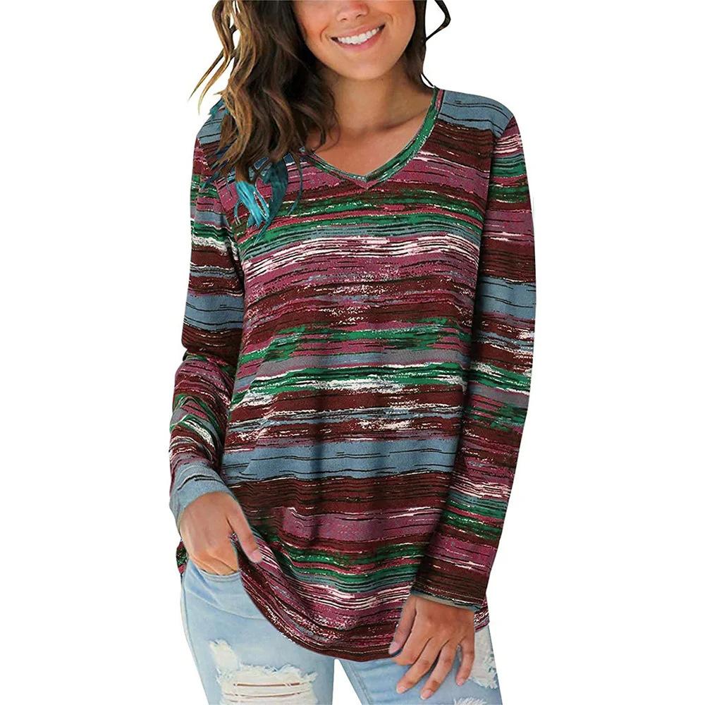 Spring and Autumn V-neck 3D Striped Printed Top Fashionable Casual Long Sleeved Women's T-shirts