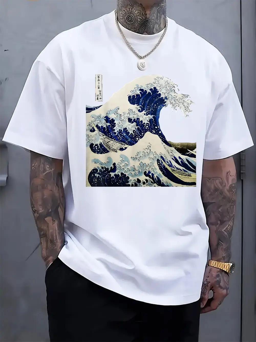 

Kanagawa Wave Graphic T-shirt - Black Casual Summer Tee with Iconic Great Wave off Kanagawa Print XXXXL