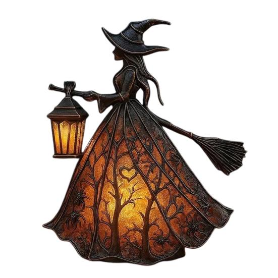 Halloween Witch Lamp Handcrafted Gothic Small Stained Glass Witch Figurine with Warm Light Desktop Standing Night Light for Home Shelf Mantel Decor