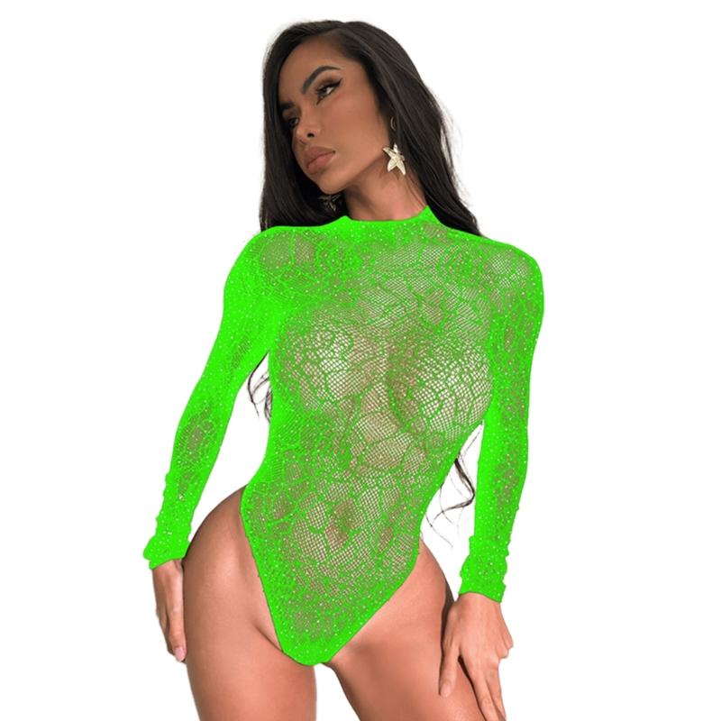 Women Sparkles Rhinestones Teddies Lingerie Long Sleeve Fishnet Bodysuit Top One Pieced Sheer Mesh Lingerie Rave Outfit