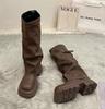 Women Boots Block Heel Fold Vintage Pleated Stack Western Boots Women'S  Round Toe Studded Knee-Free Knee Knight Boots