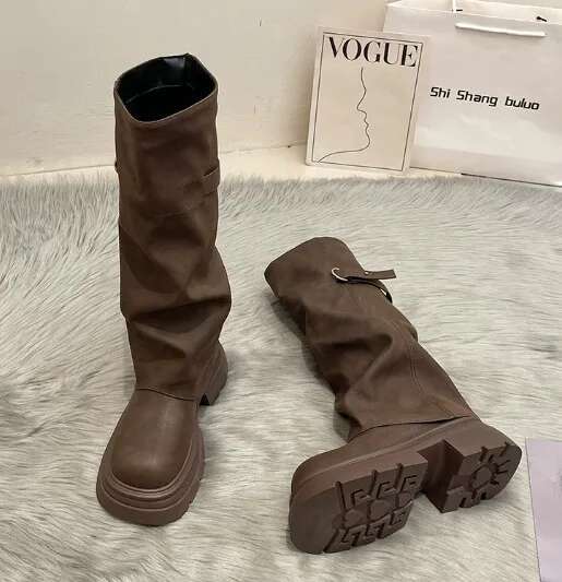 Women Boots Block Heel Fold Vintage Pleated Stack Western Boots Women'S  Round Toe Studded Knee-Free Knee Knight Boots
