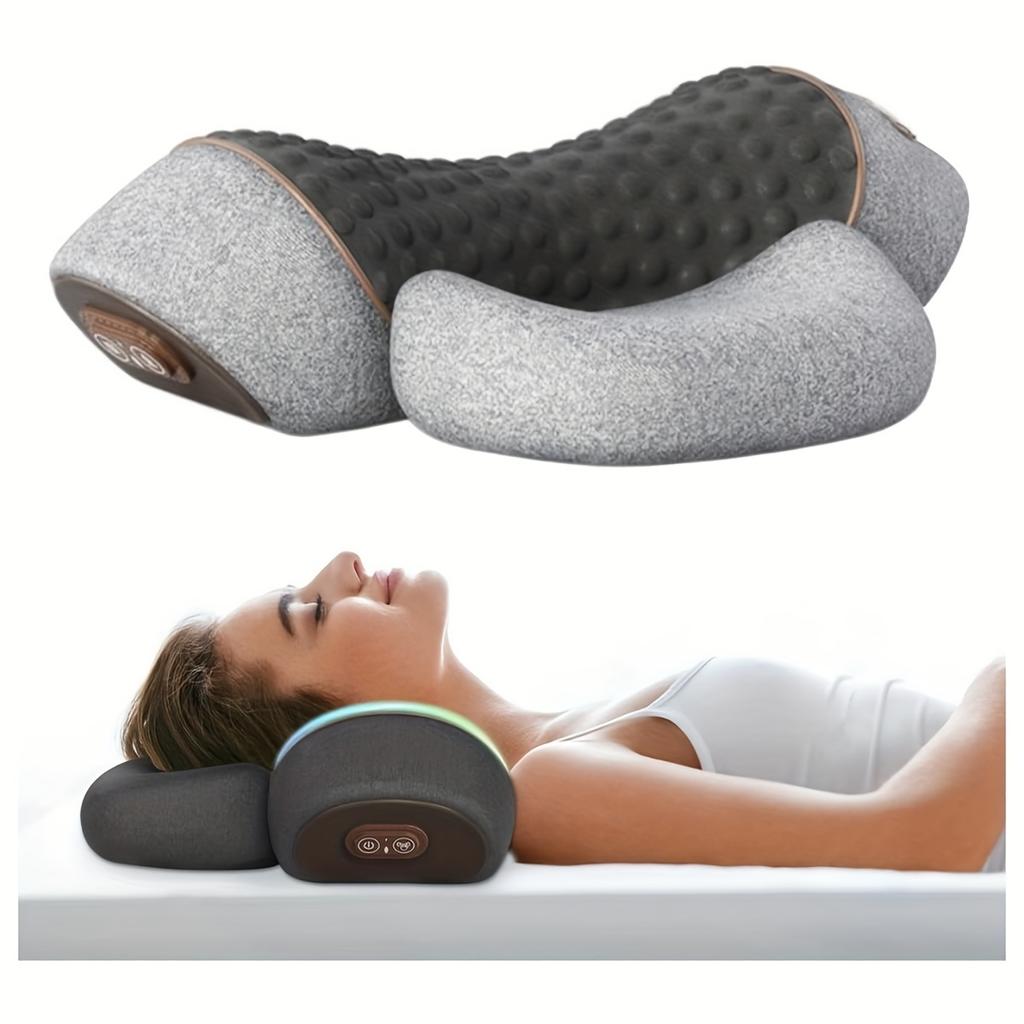 Heated Neck Pillow with 3 Vibration Massage Modes,Thermostatic Heating, Gray, Contoured Design for Optimal Comfort, Therapeutic Sleep Aid