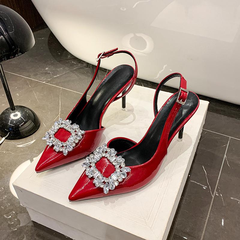 Fashion Fine Heel Sandals Summer New Pointed Head Shallow Mouth Crystal Buckle Anti-slip Wear-resistant High Heel Shoes