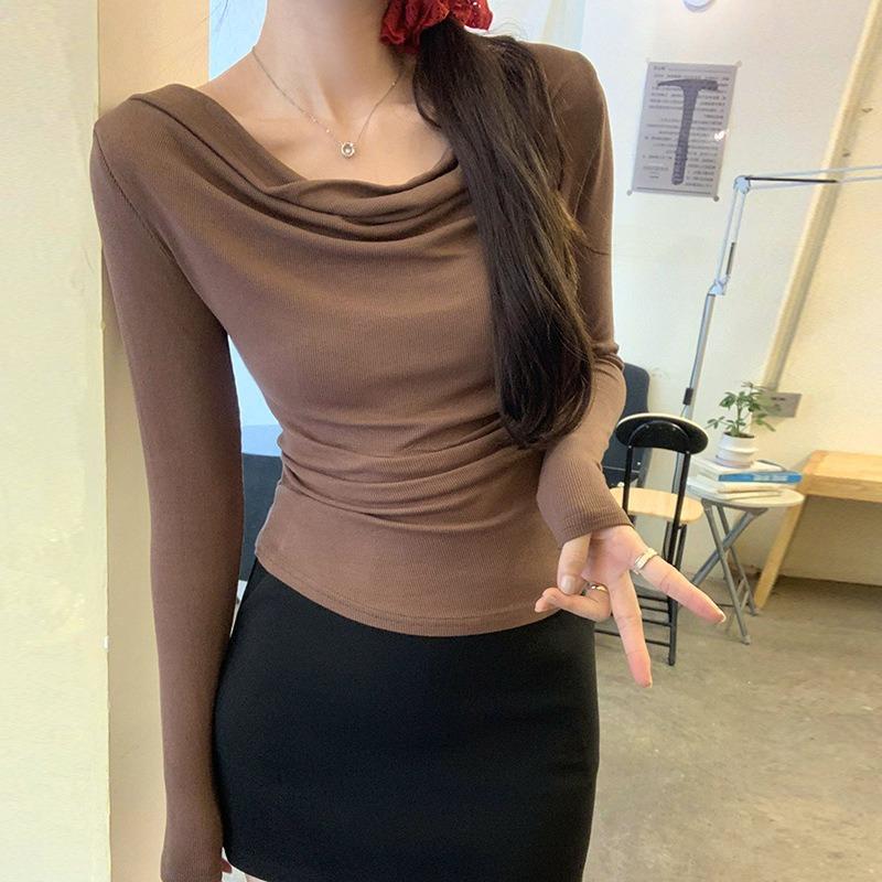 Premium sense one-word shoulder swing collar slim-fitting bottoming shirt women's spring sweet and spicy versatile top long-sleeved shirt