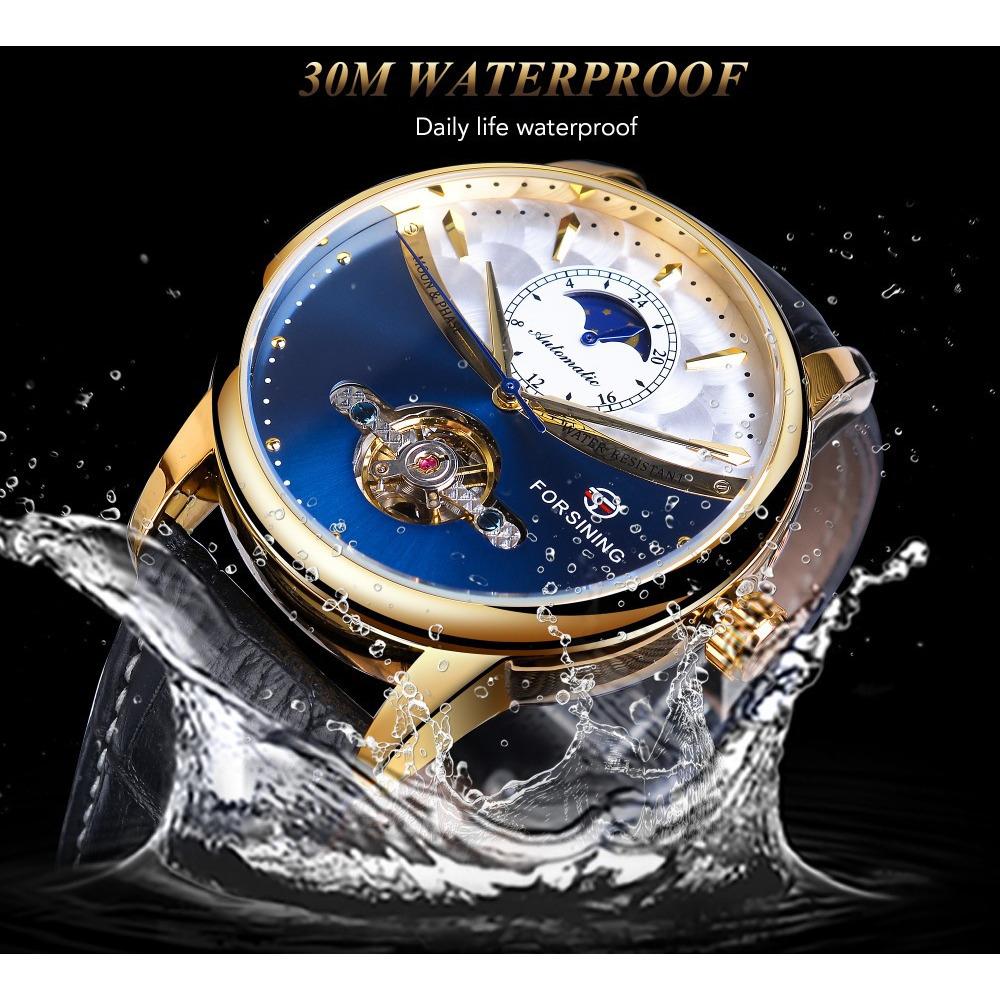 Forsining Luxury Automatic Mechanical Watches Mens Sun Moon Phase Tourbillon Watch Waterproof Men Wristwatch