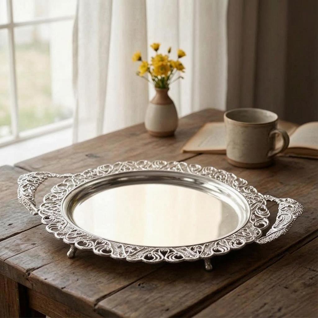 Serving Platter with Feet Silver Handles Floral Ornate Metal Tray for Hosts,