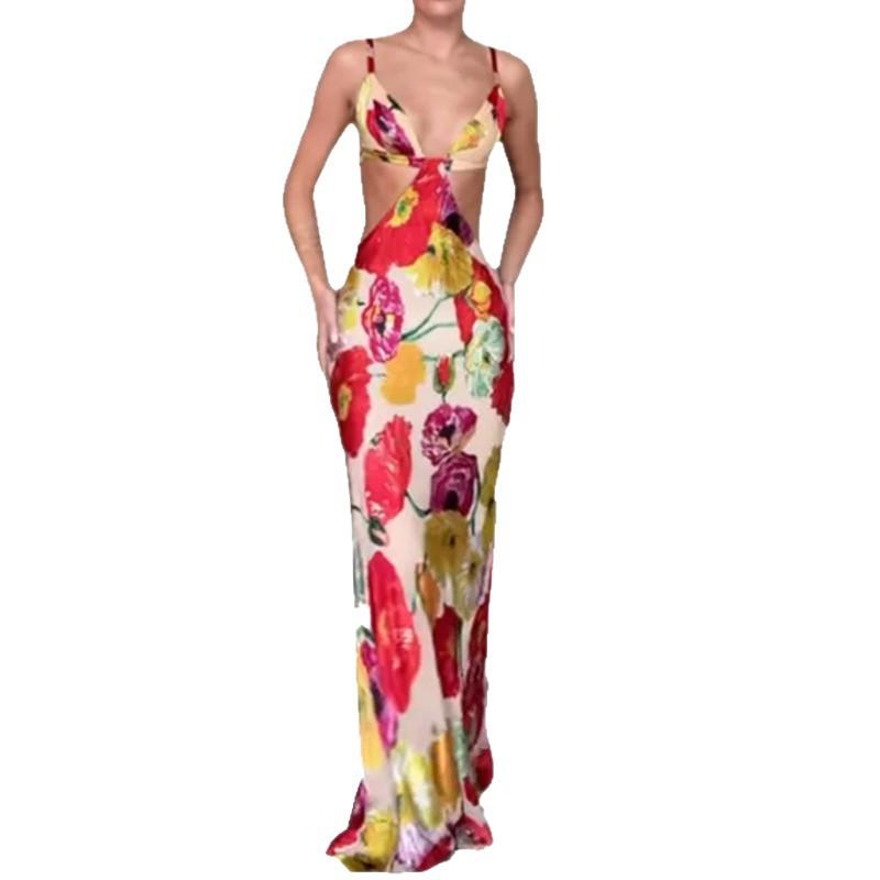 Women's Spring New, European and American Dresses, Sexy Suspender Printed Backless Dresses