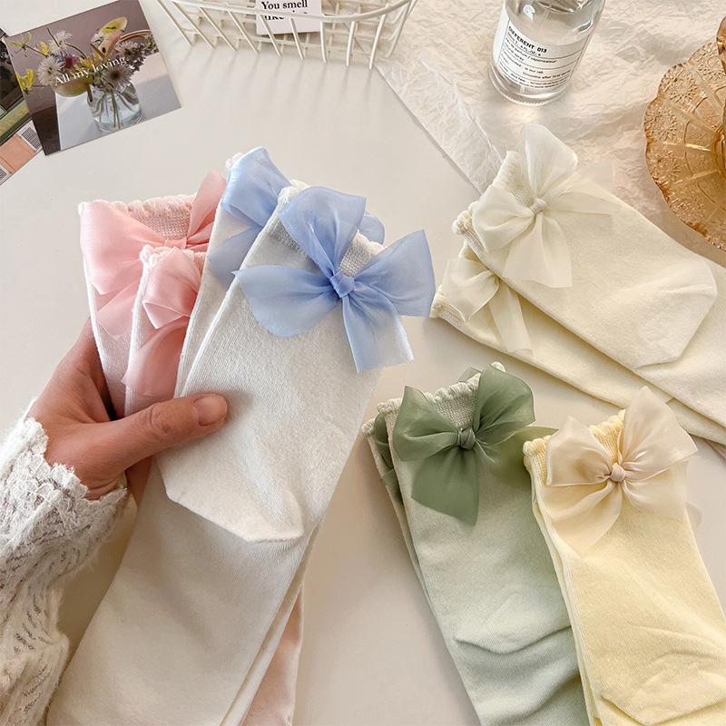INS Sweet Girly Bowknot Princess Socks Solid Color Spring Summer Women Middle Tube Socks Cute Bows Decorate Tube Socks Free Ship