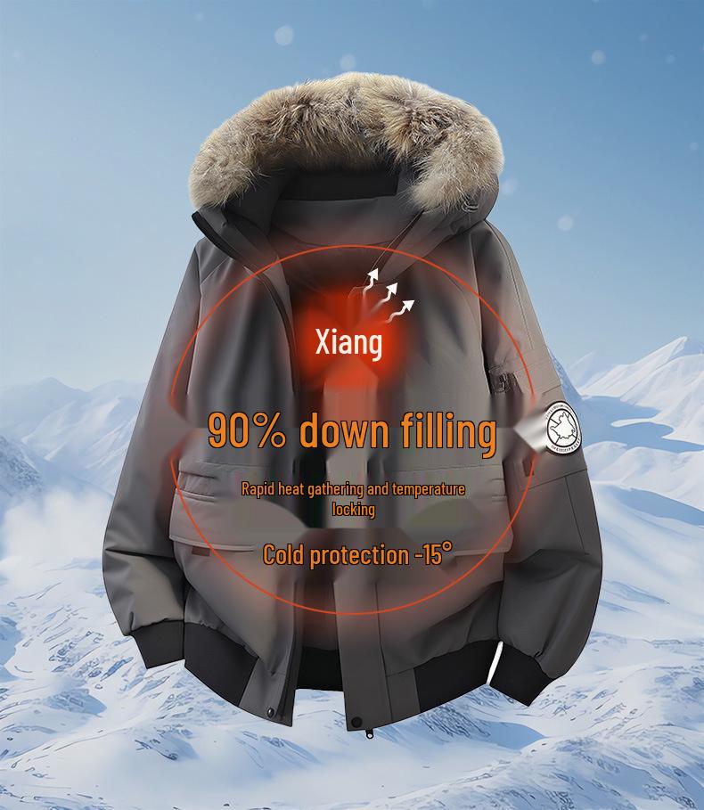 Men's Unisex Windproof Winter Workwear Down Jacket with Warm Hood & Large Fur Collar
