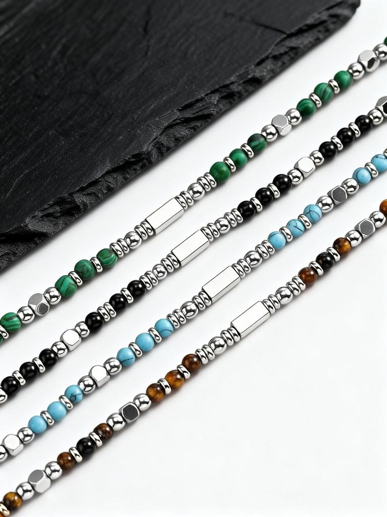 Trendy Men's Natural Stone Beaded Necklace,Classic Unique Stainless Steel Metal Bead Choker,Bohemian Jewelry Gift for Son Dad