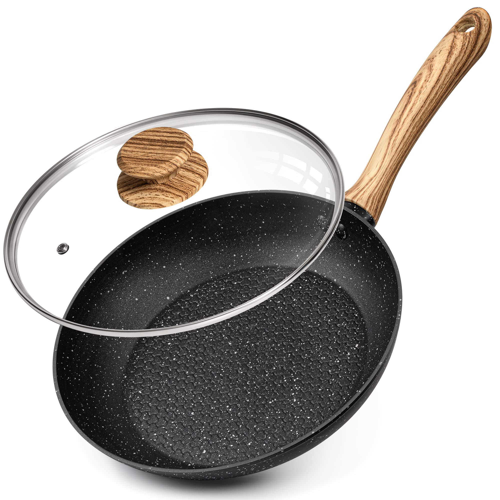 

MICHELANGELO 20cm Frying Pan with Honeycomb Induction and Gas Easy to PFOA and PFOS Safe and Compact Black Marble-Coated Lid, Design, Water-Repellent, чёрный