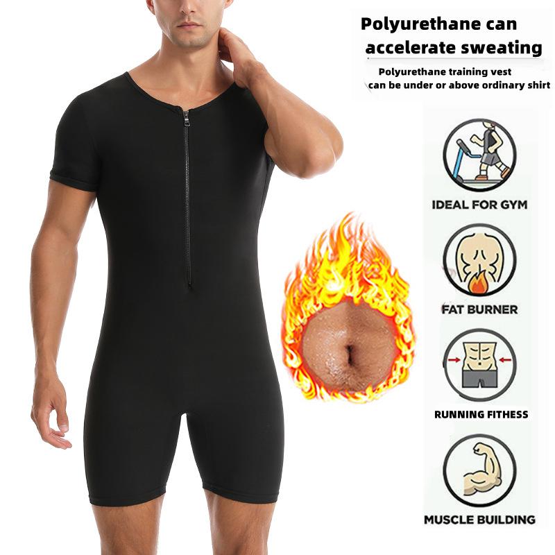 Heren Sauna Zweet Bodysuit, Rits Korte Mouw Volledige Lichaamsvormer Buikcontrole Trainingspak voor Sportschool Hardlopen