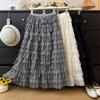 Tulle Ruffle Tiered Maxi Skirt French Romantic Floral Lace Hem Fluffy Full Swing Cake Skirt for Women Autumn QT2968