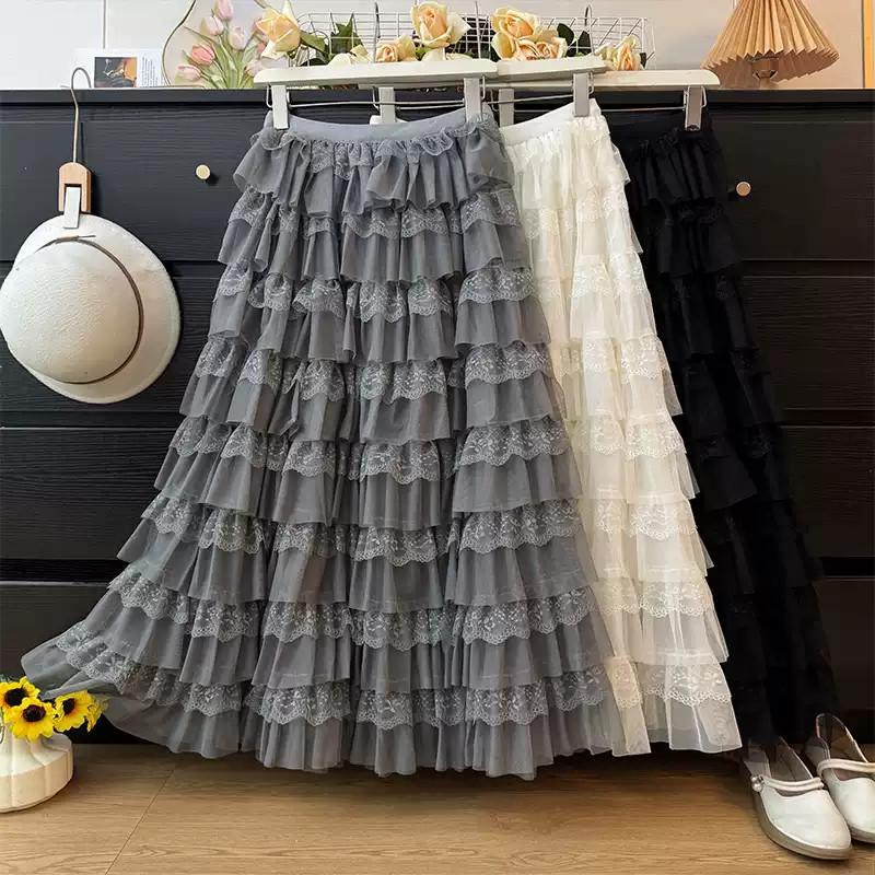 Tulle Ruffle Tiered Maxi Skirt French Romantic Floral Lace Hem Fluffy Full Swing Cake Skirt for Women Autumn QT2968