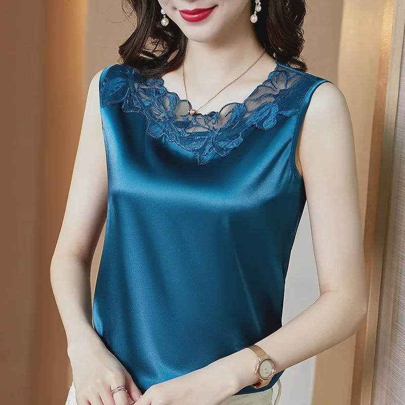 

Жіноча мереживна майка на V-подібному вирізі, широкий плечовий пояс, без рукавів, вільний крій, великий розмір, трендовий топ для внутрішнього носіння весна/літо 2021 XL peacock синього кольору