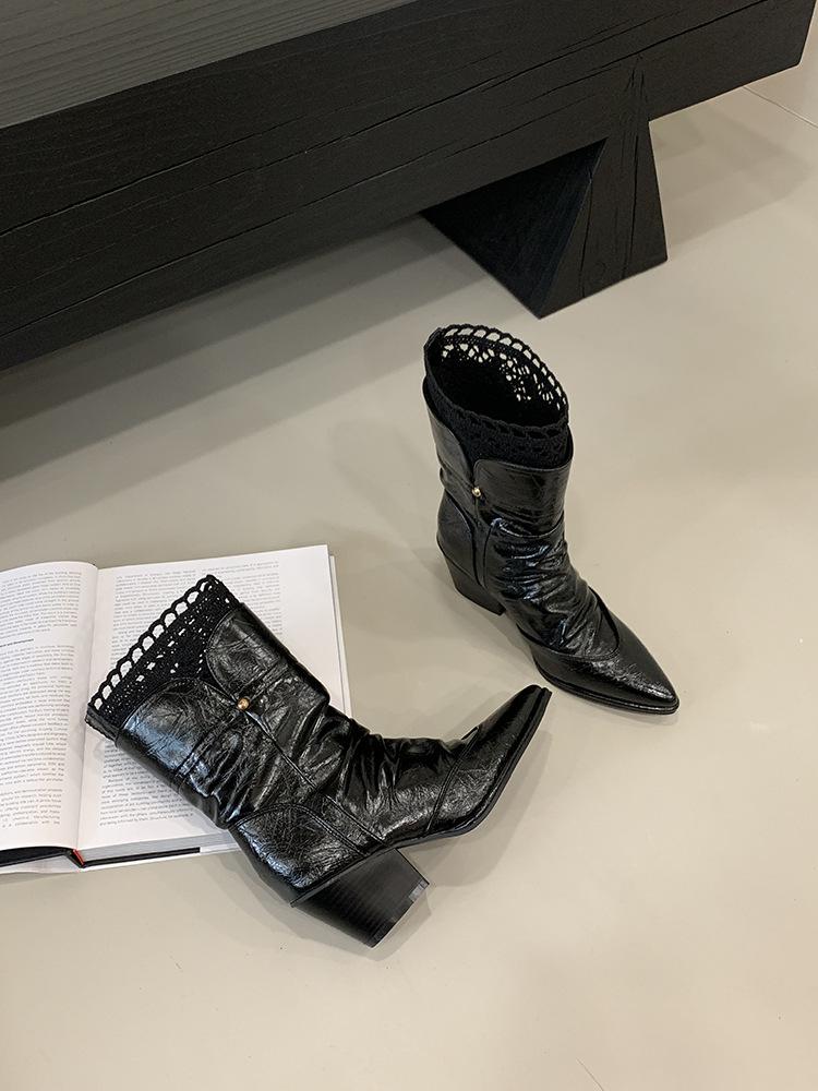 Autumn and winter 2025 new pointed thick heel medium boots lace edge sleeve high heel women's boots