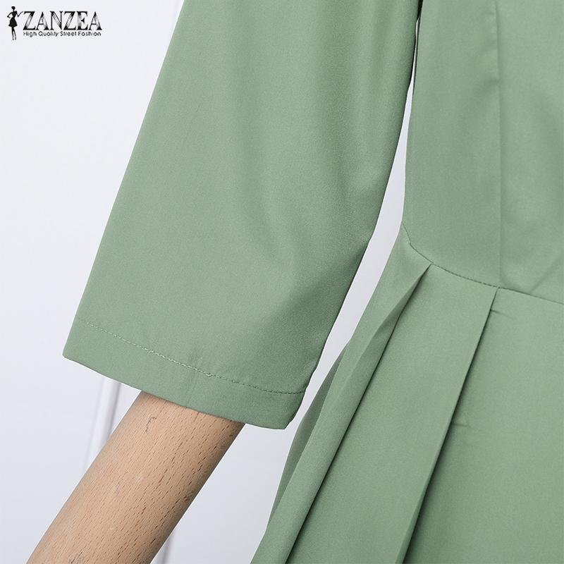 ZANZEA Women Casual Round Neck Solid Color 3/4 Sleeve Long Dress