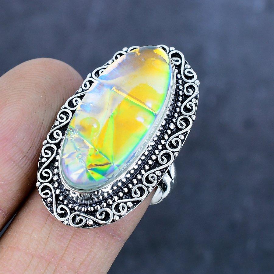 Anillo de plata de ley 925 con piedra preciosa de vidrio dicroico natural, talla 9 d4V41