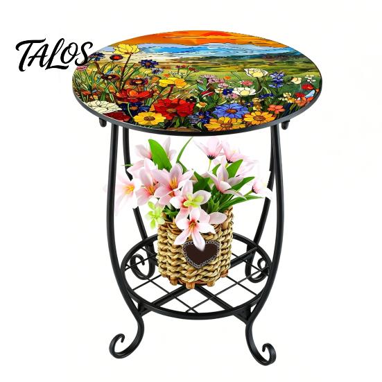 Mesa Lateral Externa Talos, Redonda Pequena Mosaico Pássaro Borboleta Acento de Pátio, Mesa de Apoio para Plantas Café Chá Interna para Quintal Varanda Jardim Sala de Estar, Quarto