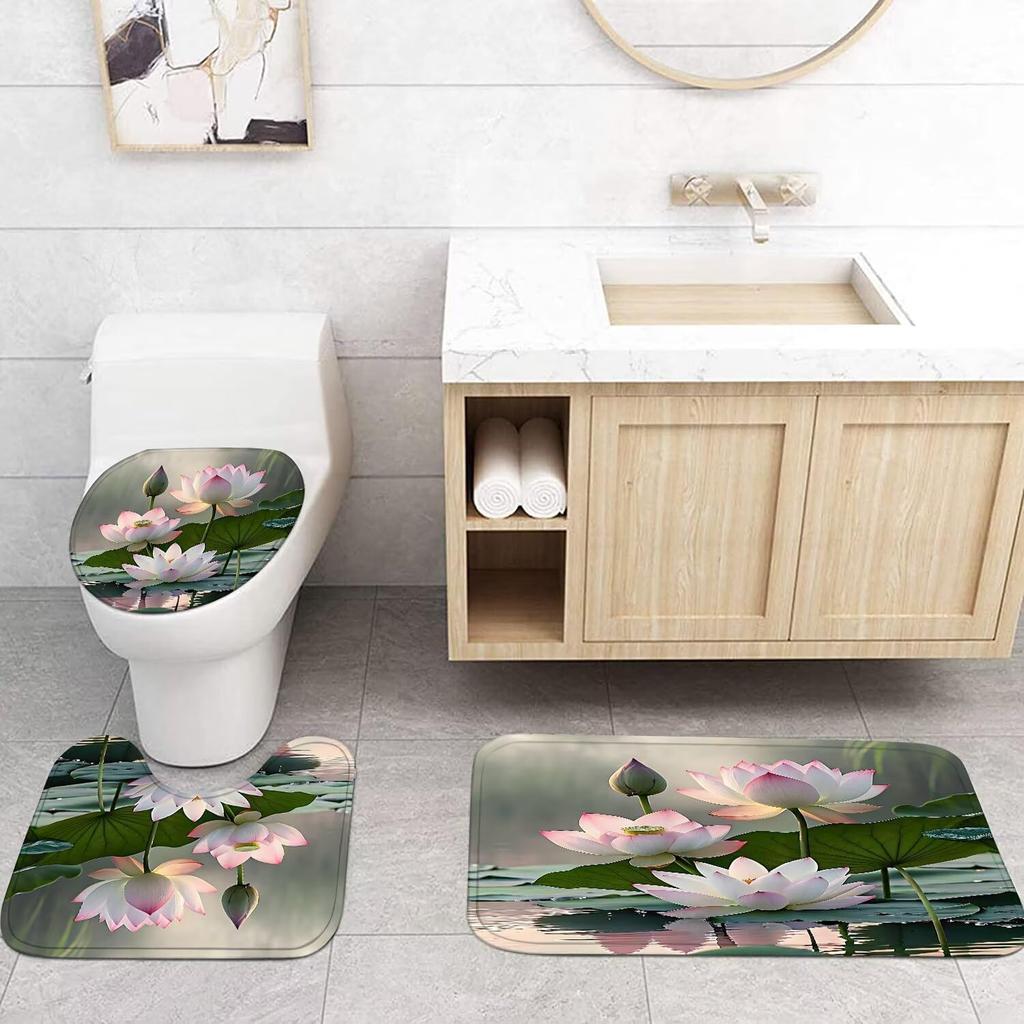 4Pcs Bathroom Shower Curtain Set Lotus  Bathroom Curtain With 12 Hooks Non Slip Rugs Toilet Cover Mat Bathroom Partition
