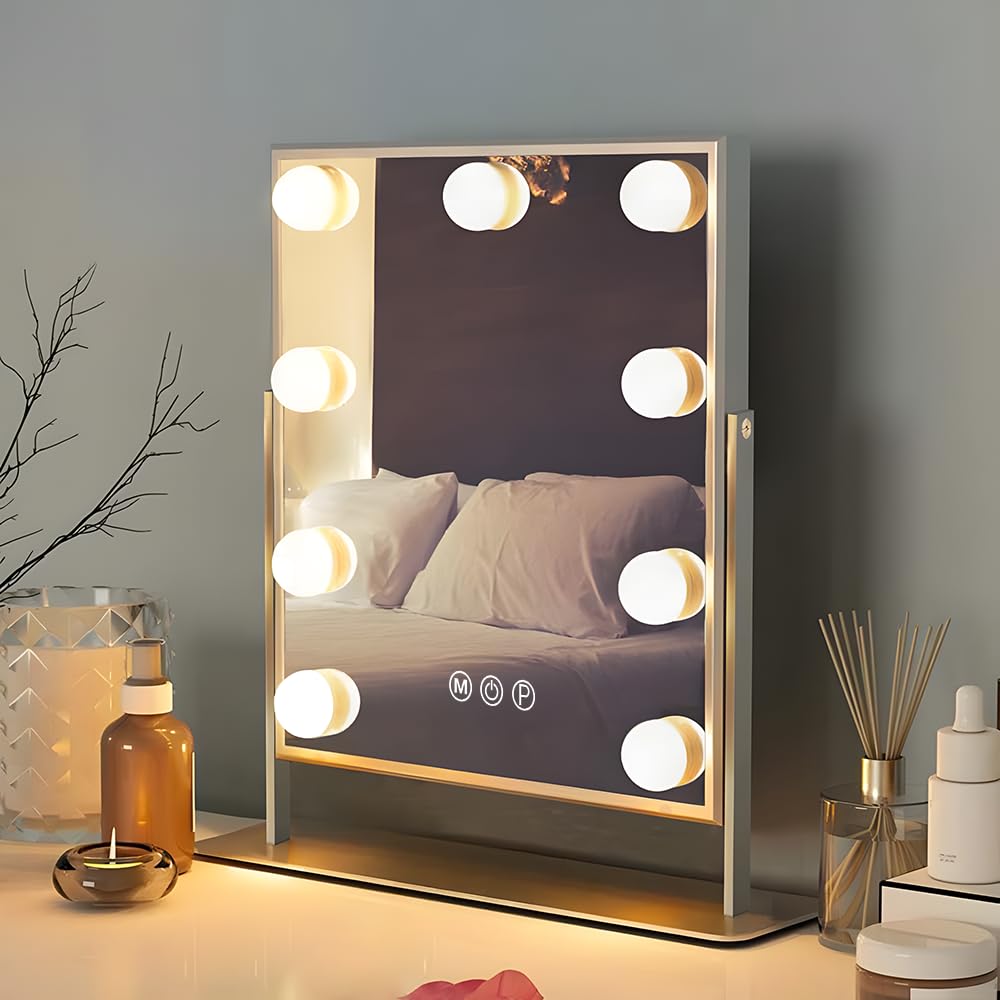 FENCHILIN Hollywood Mirror Tabletop Mirror with 9 LED Bulbs, 10x Magnification, Three Lighting Modes, Adjustable Brightness, 360 Degree Rotation, Self