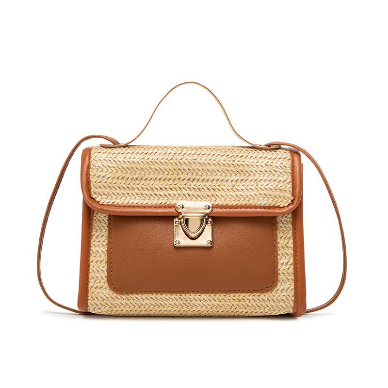 Pastoral literary and fresh contrasting colors woven shoulder bag fashionable versatile girls portable messenger bag lock mobile phone bag