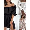 2025 European and American Fashion Casual Solid off-Shoulder Waist Hugging One Piece Dress Women Clothing