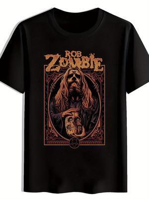 Vintage Rock Band Graphic T-shirt - Black Short Sleeve Round Neck Tee with Rob Zombie & Retro Music Icons