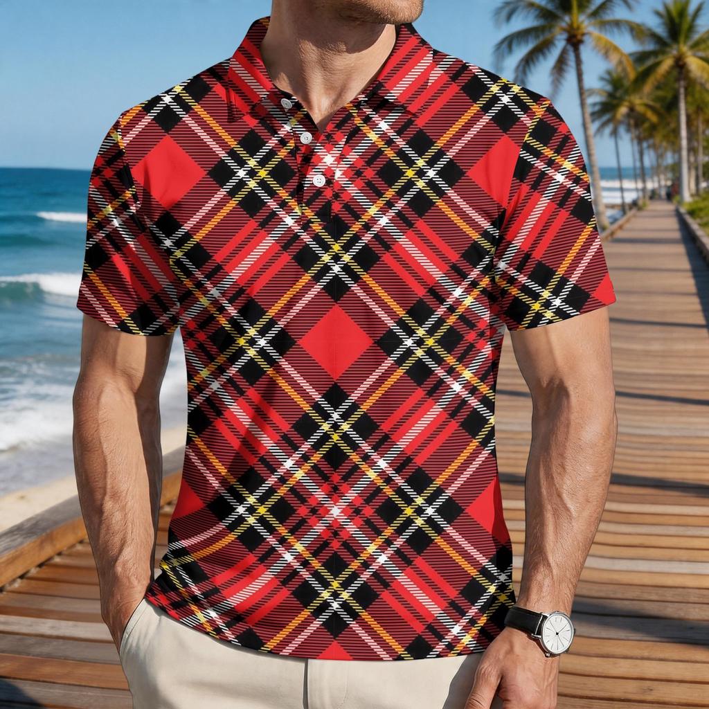 Men’s Loose Fit Casual Short Sleeve Polo Shirt with Plaid Print and Classic Turn Down Collar for Everyday Wear