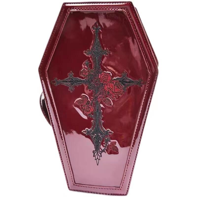 Shoulder Bags New Fashion Lacquer Embroidered Coffin Bag Red Punk Dark Makeup Bags Women's Leisure Versatile Handheld Bags