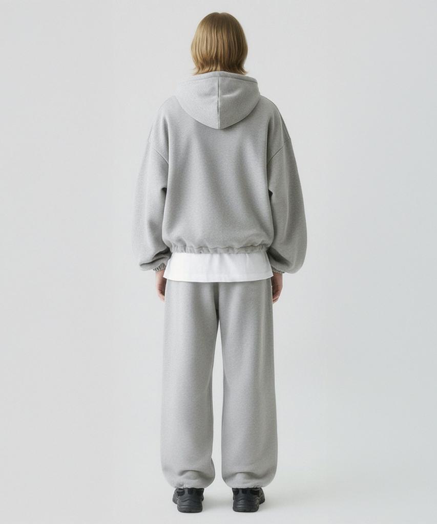 Prinoar [Set] String Overfit Two-Way Zip-Up Hoodie + One-Pleat String Pants - Melange
