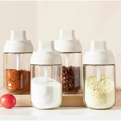 Glass Seasoning Jar with Integrated Spoon, Condiment Pot, Sugar Jar, Spice Bottle, Airtight, Seasoning Storage Container, Kitchen Supplies, Seasoning