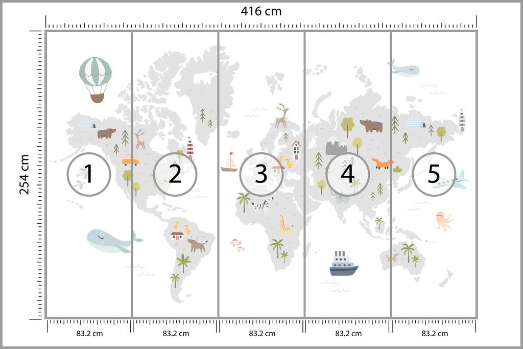 Photomural World Map With Cute Animals In Cartoon Style. Map For Nursery, Kids Room With Nature, Animals, Transports. Skandi Smooth Vinyl 416x254