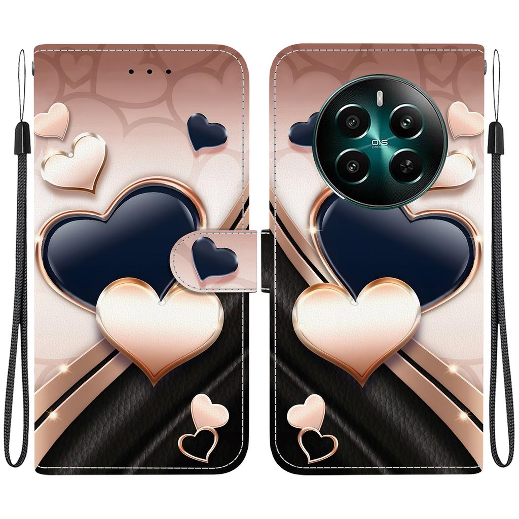 Handmade PU Leather Flip Case for Realme 12+ /Realme 12 Plus Anti-Slip Shockproof Cover with Wrist Strap & Heart/Rose Cat Designs