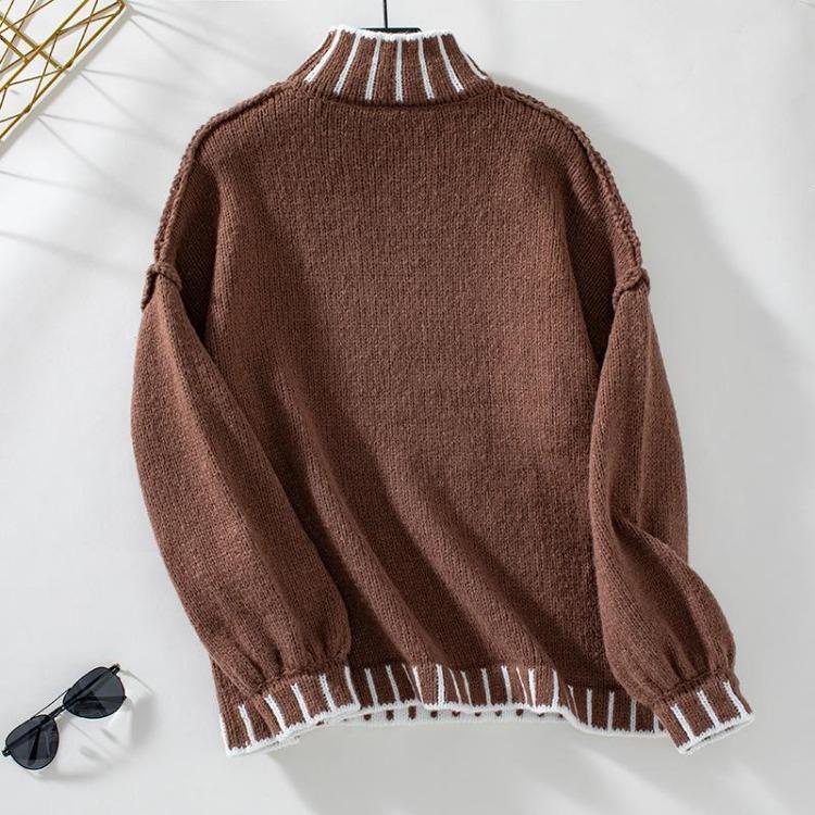 Vintage Loose Knitwear Pullover Sweater Long Sleeve Stand Color Multicolor Top for Autumn Winter