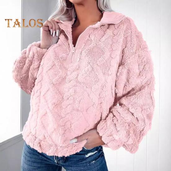 Winter Women Sweatshirt Zippered Turn-down Collar Rhombus Texture Plush Thick Long Sleeves Solid Color Keep Warm Autumn Top