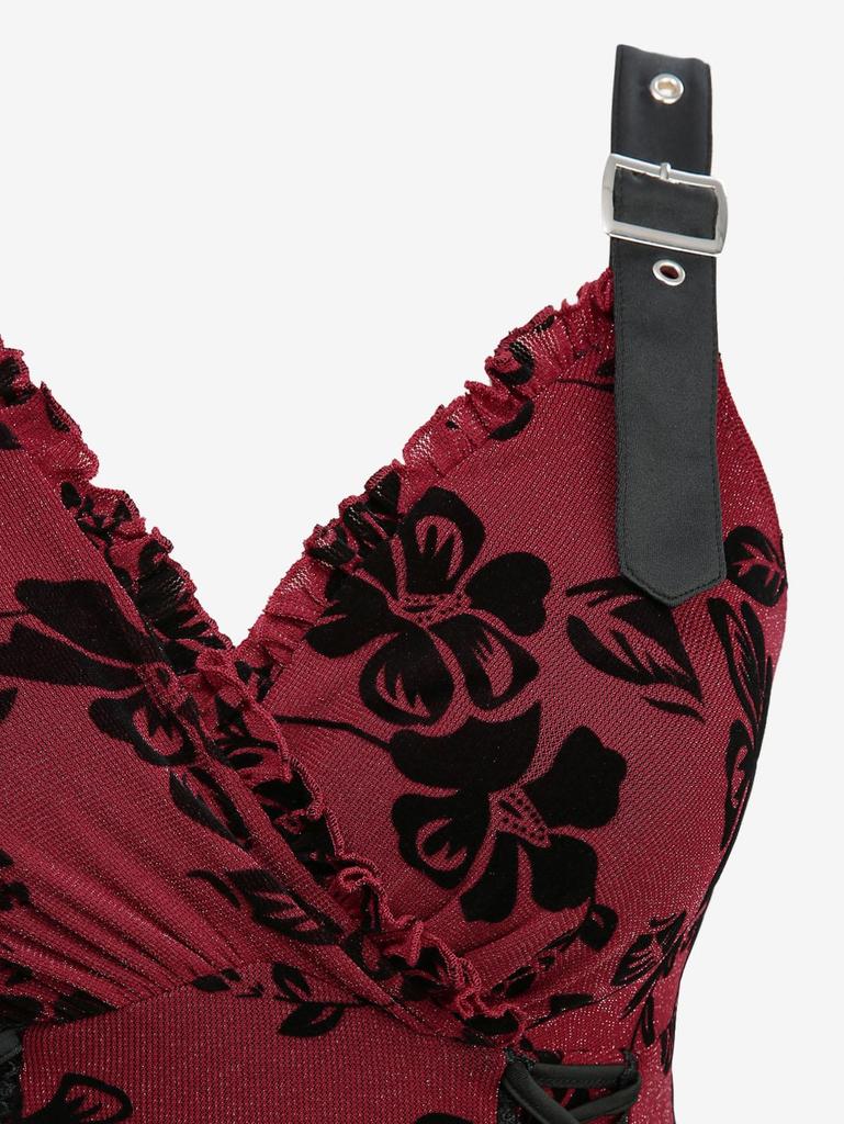 Rosegal Plus Size Glitter Floral Leaves Flocking Lace Up Surplice A Line Dress