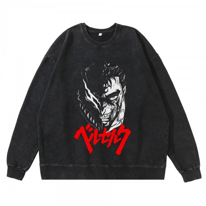 Schwergewicht 360g Gewaschener Vintage Berserk Anime Streetwear Baumwolle Pullover Hoodie Herren
