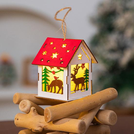 Yousheng Wooden Christmas Decor with LED Light 3D Carved Hanging Wood Star/Village House/Bell/Gift Box Ornament for Xmas Tree Decor