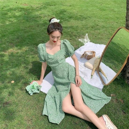 Women Summer Dress Bubble Sleeves High Split Loose Hem Square Neck Flower Print Dating Shirring Tight Waist Women Midi Dress Female Clothes