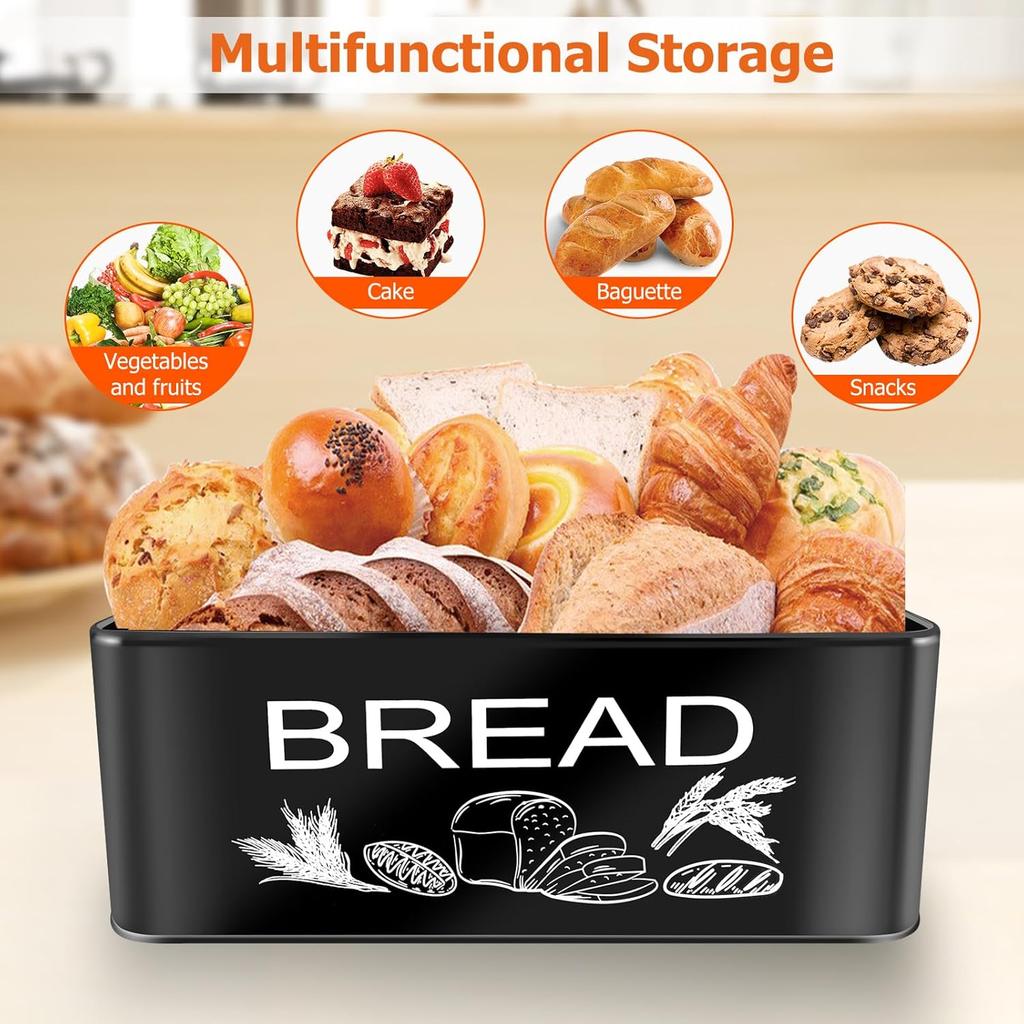 JIGUOOR Black Bread Box, Large Space Saving Vertical Metal Bread Box with Wooden Cutting Board Lid, Holds 2+ Loaves, Farmhouse Bread Bins Kitchen