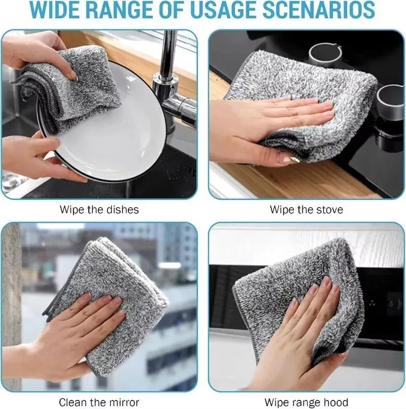 10/5PCS Gray Bamboo Charcoal Towel Thickened Super Absorbent Dishcloth Anti-grease Kitchen Wiping Rags Microfiber Cleaning Cloth
