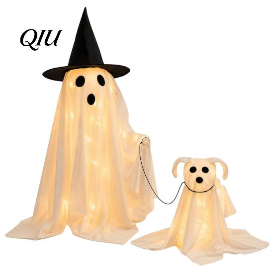 Haunted House Party Supplies Halloween Ghost Walking Dog Decor with LED String Light, Spooky Glowing Battery Powered Lights Puppy for