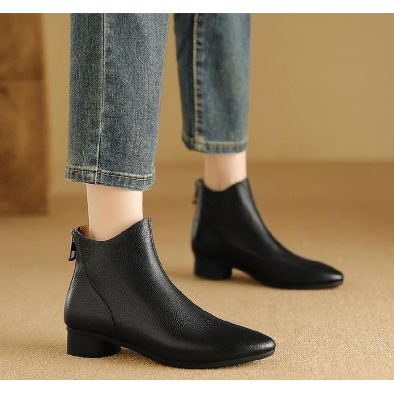 New Women'S Ankle Boots - Pointed Toe Low Block Heel Soft Leather Ankle Boots French Retro Back Zip Casual Booties