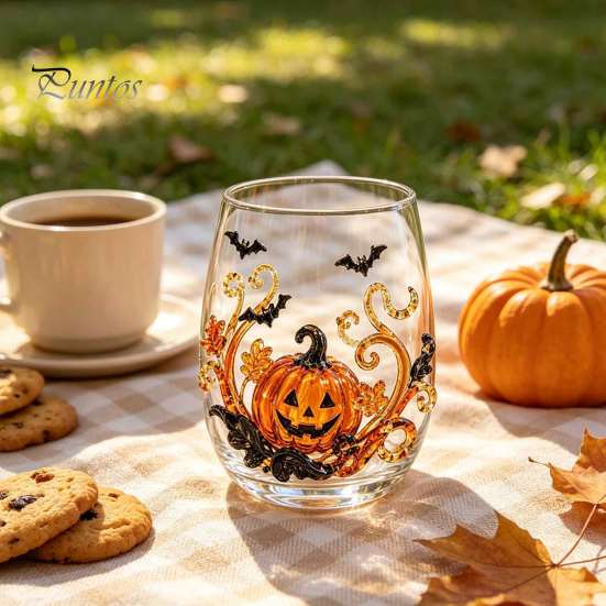 Bicchieri da festa di Halloween, Bicchieri in vetro con rilievo di zucca, fantasma, gatto, pipistrello, Bicchieri da bevande senza stelo spettrali, Bicchieri stagionali per