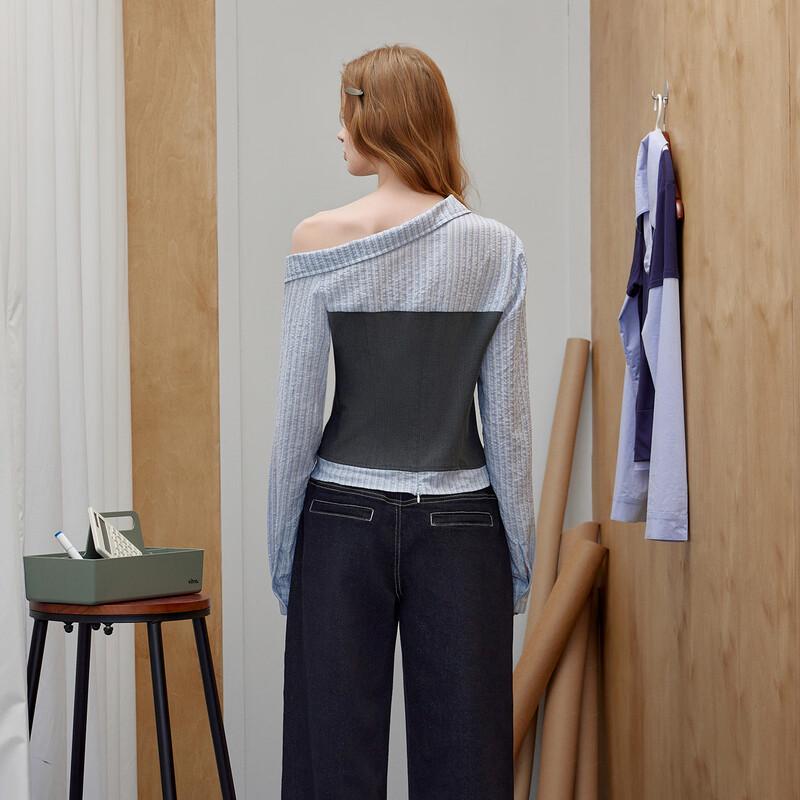 UNIFREE 2026 Spring Sweet & Cool Off-Shoulder Color-Block Shirt