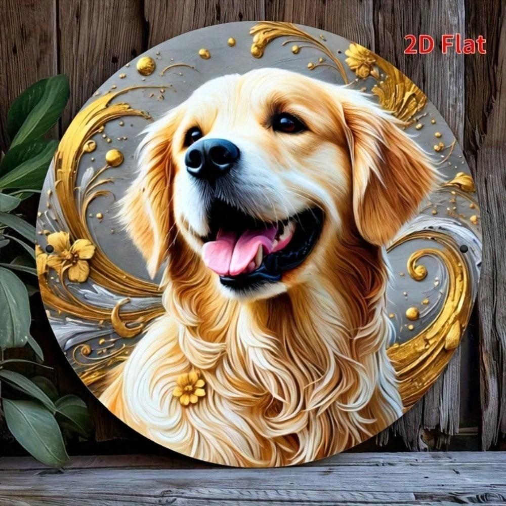 Golden Retriever Floral Metal Wall Art Decor, 2D Flat Iron Dog Sign, Waterproof Durable