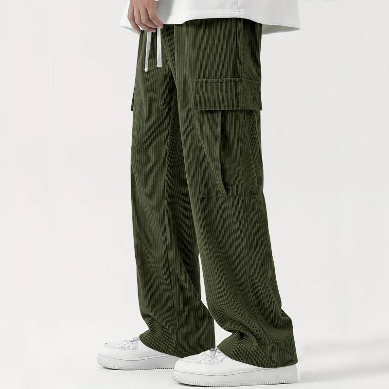 Men Olive Corduroy Cargo Wide Leg Pants Drawstring Elastic Waist Big Side Pocket Streetwear Loose Trousers