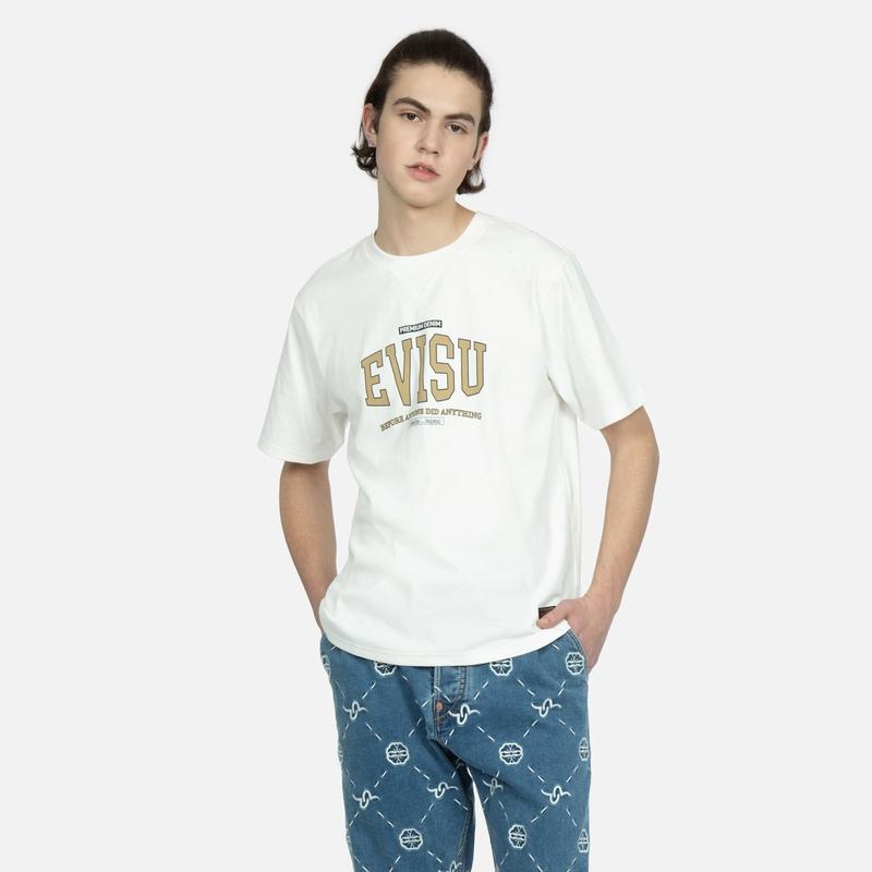 Evisu Slogan Print Crew Neck T-Shirt Men Tops White 2ESHTM3TS548XXCT